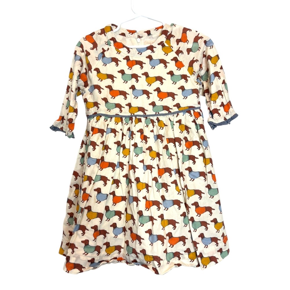 Pink Chicken Girls Olive Dress Dachshund Dog Print Cotton Dress Cream 4Y